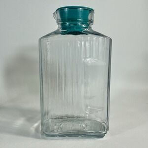 Vintage Anchor Hocking USA Ribbed Glass Refrigerator Water Jar Teal Lid 2 quart
